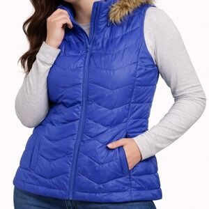 Talbots Women's Size S‎ Blue Puffer Vest Faux Fur Hood Quilted Zip Snap Closure